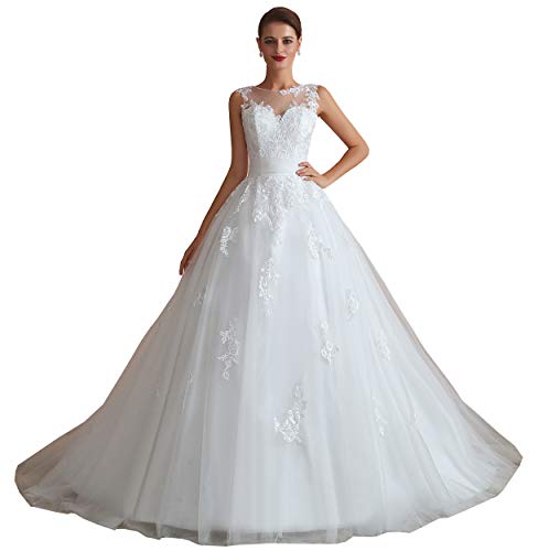 Ikerenwedding Women's Jewel Applique A-line Sweep-Train Wedding Dress White US14