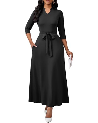 BubFee Long Black Maxi Dress for Women 3/4 Sleeve Casual Church Dress, M
