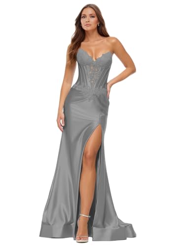Mkojaa Gray Corset Prom Dresses for Women Corset Sparkly Long Mermaid Strapless Lace Formal Evening Party Gown with Slit 2026 Size 8 EA074