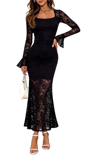 GERT COREL Elegant Women's 2025 Bell Long Sleeve Lace Maxi Dress Sexy Square Neck Fall Bodycon Mesh Wedding Guest Cocktail (US, Alpha, X-Small, Regular, Tall, Plain Black)