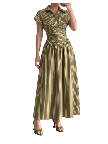 Verdusa Women's Striped Dress Collared V Neck Cap Sleeve Long Dresses