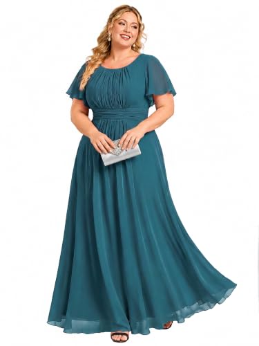 Ever-Pretty Plus Women's Maxi Plus Size Formal Mother of the Bride Dresses | Round Neck, Short Sleeve, Plus Size Evening Dresses, Plus Size Wedding Guest Dress, Teal US14