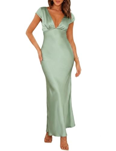 Halfisland Womens Summer Satin V Neck Cap Sleeve Midi Dress Wedding Guest