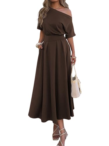 Mieazom Empire Waist One Shoulder Maxi Dresses for Women Pockets Brown L