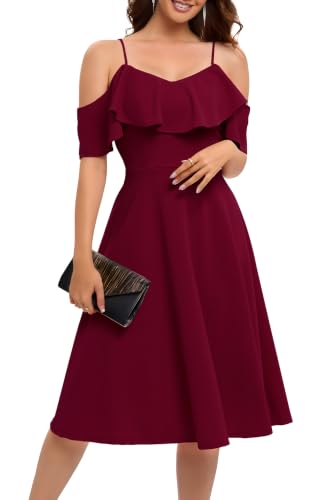 Bbonlinedress Women Vintage Cocktail Swing Dress, Fall Wedding Guest Dresses, Bridesmaid Formal Off Shoulder Prom Party Dress Burgundy L
