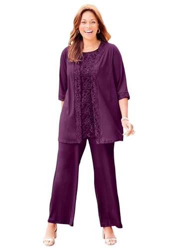 Catherines Lace Gala 3-Piece Pant Suit | Women's Plus Size Lace, Sequin, Wedding, Mother of the Bride 18 W, Deep Berry