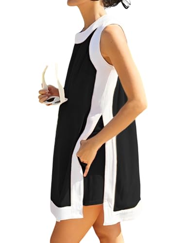 synound Women’s 2 Piece Sets Boho Color Block Dress Summer Casual Sleeveless Crewneck Tops Shorts Matching Set with Pockets Black