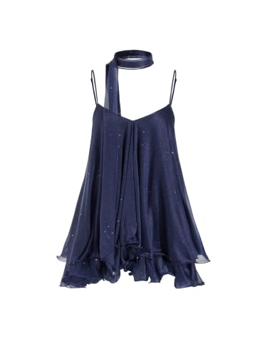 CIDER Womens Sequin Ruffle Mini Dress With Scarf: Dark Navy, M | V Neck, Adjustable Straps, Oversized A Line Concert Style