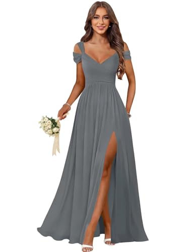 Egorfic Grey Cold Shoulder Bridesmaid Dresses Chiffon Pleated Long Slit Formal Evening Gown Backless Wedding Guest Dress for Women Plus Size 16