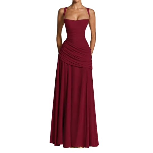 GUCURIN Women Formal Dress Square Neck Ruched Corset Maxi Dress Wedding Guest S,Wine