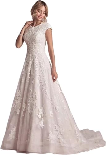 Lace Wedding Dresses for Bride Elegant Short Sleeve Crew Neck Full Back Boho Wedding Gown with Train Ivory Style12 US6