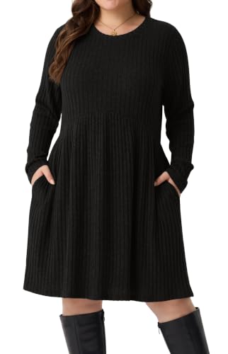 OLRIK Classic Black Plus Size Sweater Dress Black-3X | plus size holiday dress. Slimming and versatile for parties, Christmas dinners, date nights & winter events.