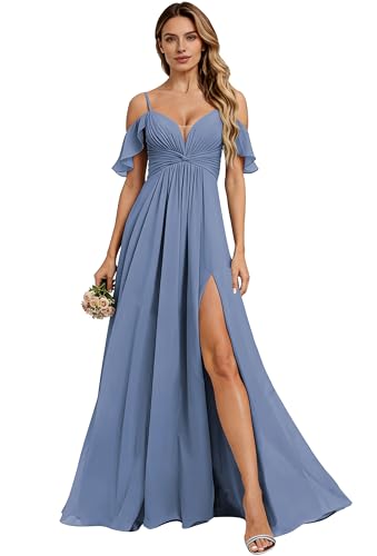 Arntnha Chiffon Long Simple Spaghetti Straps Steel Blue Cold Shoulder Bridesmaid Dress with Slit A-Line Ruched Formal Party Dresses for Teens 14