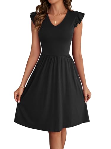 HELYO Women's Summer Dresses 2026 Cute V Neck Ruffle Sleeve Beach Wedding Guest Cocktail Short Work Casual Dress with Pockets 648 Black XL