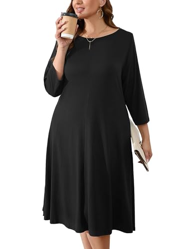 AusLook Women's Plus Midi Dresses Crew Neck A Line 3/4 Sleeves Casual Elegant Loose Flowy Wedding Guest Maternity Vacation Beach Black 3X Dress with Pockets