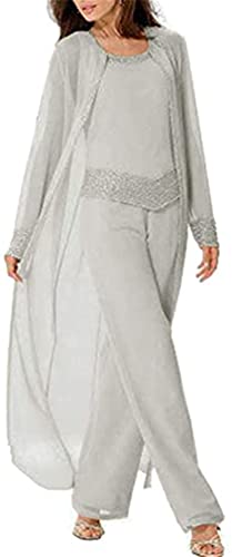 Women's Pant Suits Chiffon Mother of The Bride 3 PC Dress Wedding Evening Groom Gowns(Silver,us2)