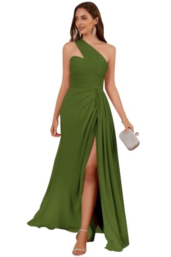 One Shoulder Chiffon Bridesmaid Dresses with Slit, Olive Green, Size 6 | One shoulder pleated chiffon maxi gown, high slit, A-line, ideal for bridesmaid, prom, wedding guest & formal evening events