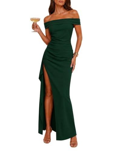 OULESIS Wedding Guest Dresses for Women Bodycon Split Long Formal Dress Off the Shoulder Prom Dress Cocktail Party Maxi Dresses DarkGreen Medium