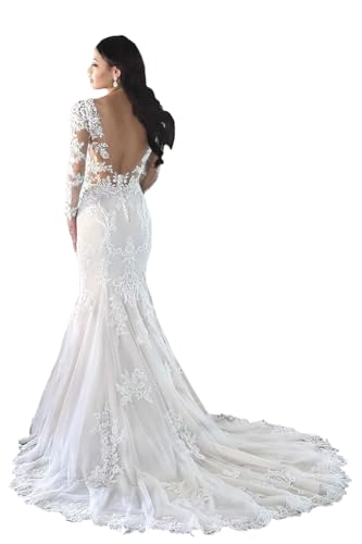 Fivsole Beach Mermaid Wedding Dresses with Train Long Sleeve V Neck Boho Bride Dress Lace Appliques Tulle Bridal Gowns White US16