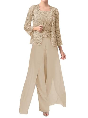 Chiffon Laces Mother Bride Pantsuit with Jacket Long Sleeve Formal Jumpsuit