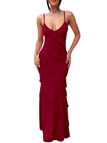 Women's Sexy V Neck Mesh Wedding Guest Cocktail Maxi Dress, XS, Wine Red