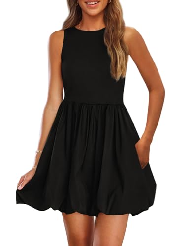 PRETTYGARDEN Womens Summer Bubble Sleeveless Mini Dress,Black,L