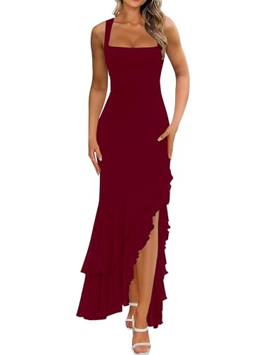 Women's Elegant Bodycon Ruched Maxi Cocktail Dress,XL,Wine Red