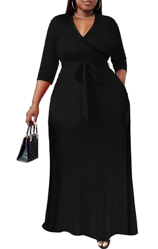 Nmoder Black Maxi Dress for Women with Pocket - Flowy Long Dresses 3 4 Sleeve V Neck Belt Solid Black XL