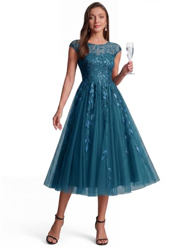 Ever-Pretty Women's Sequin Tulle Midi Formal Dresses Wedding Guest Dress | Round Neck, Cap Sleeve, A-Line, Embroidery, Cocktail Dress, Semi Formal Dresses, Teal US16