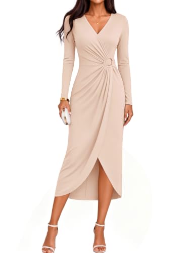 ZESICA Women's Fall Long Sleeve Bodycon Cocktail Party Dresses Apricot S