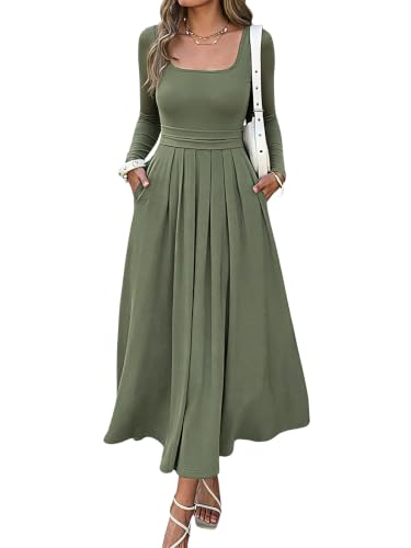 EVZEIEM Women's Fall Long Sleeve Ruched A Line Maxi Dress with Pockets | Square Neck Pleated Flowy Empire High Waist Casual Long Dresses for Work, Church, Holiday, Office, Autumn, Winter, Vacation