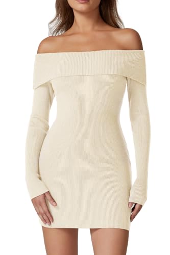QINSEN Bodycon Knit Sweater Dress for Women Off The Shoulder Long Sleeve Mini Dress Beige XS