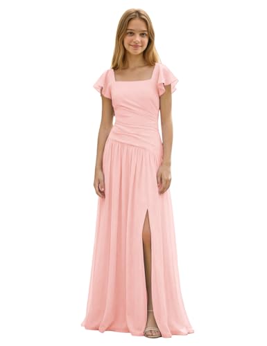 olalunule Junior Bridesmaid Dress Chiffon Asymmetrical Drop Waist Flower Girl Dresses for Wedding Blush Pink A Line Girls Formal Dresses with Sleeves Size 7