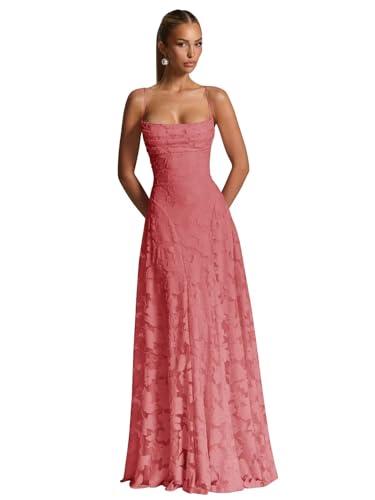 Floral Lace Bridesmaid Dresses 2026 for Women A Line Wedding Guest Dress Watermelon Cowl Neck Long Open Back Formal Evening Party Gowns US2