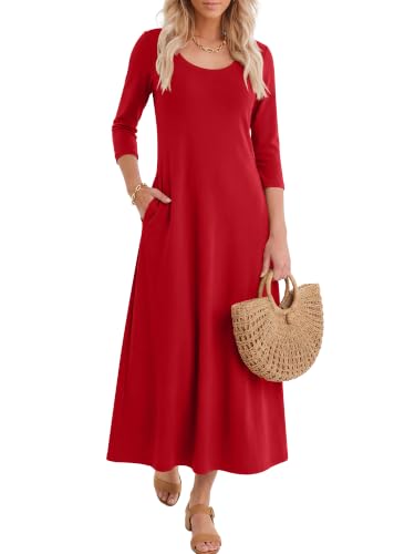 ANRABESS Womens 3/4 Sleeve Scoop Neck Casual Maxi Dress,Red,M