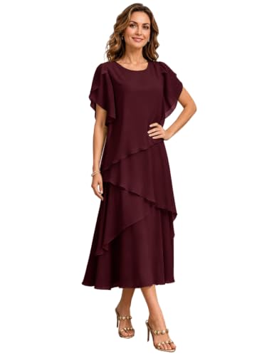 GATMAHE Mother of the Bride Dresses Ruffle Sleeve Tea Length Gown | Weddings, receptions and formal events; tea length gown with flutter sleeves, round neckline and layered ruffles