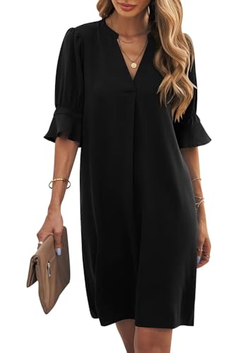 Wkior Womens Summer Ruffle Short Sleeve V Neck Shift Black Dress,L