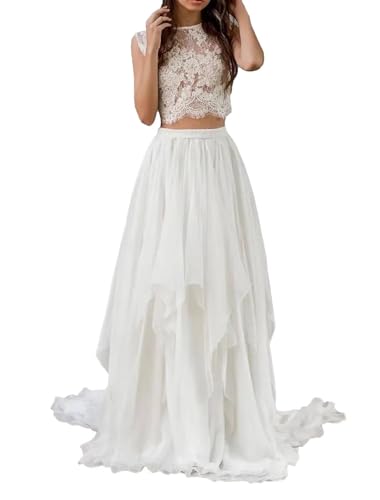 Ivory Boho Two Piece Wedding Dresses for Women Long Lace Vintage Bridal Gowns for Wedding Chiffon Maxi A Line Bride Elopement Wedding Dress US10