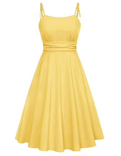 Belle Poque Women's Spaghetti Strap Midi Vintage Tea Party Dress Yellows | Sleeveless,Midi,A-line,Flowy,Cocktail Dress,Wedding Guest Dress,Graduation Homecoming Dress,YellowS