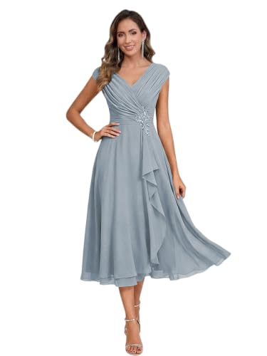 Elmiansly Applique Mother of The Groom Dresses A Line Tea Length Chiffon Wedding Guest Dress Dusty Blue Cap Sleeve Formal Evening Dress US8