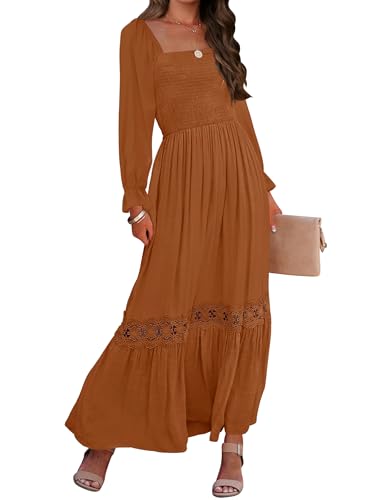 ZESICA Women's 2025 Boho Long Sleeve Square Neck Smocked High Waist Flowy A Line Lace Trim Maxi Dress Brown L