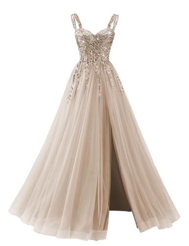 MagicST A Line Sequin Appliques Long Prom Dress Gown for Women,Champagne,14