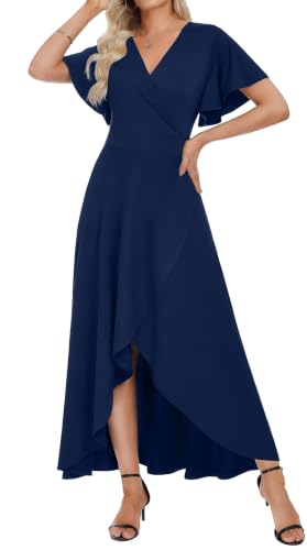 WEACZZY Wedding Guest Dresses for Women Ruffle Sleeve Maxi Dresse | V Neck,Wrap,Elegant,Split,Ruffle Sleeve,A Line Dress,Wedding Guest Dresses,For Cocktail,Navy Blue,XX-Large