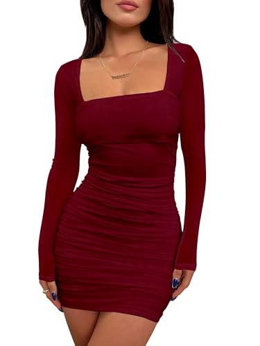 BORIFLORS Women's Sexy Ruched Bodycon Mini Dress Mesh Long Sleeve Club Party Short Dresses, X-Small,Wine Red