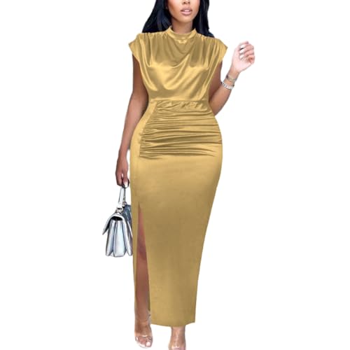AOMEI Women's Sleeveless Pleated High Waist Ruched Slit Slim Elegant Long Satin Dress (Gold,2XL)