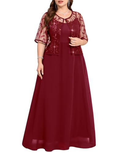 Sassique Plus Size Formal Dresses - Mother of The Bride Evening Gowns Wedding Guest Sequin Two Piece Chiffon with Jacket, Wine Red, 2X
