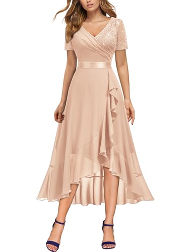 Miusol Women's V-Neck Sequin Lace Chiffon Ruffle Slit Evening Party Dress