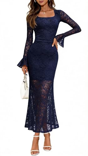 Womens 2025 Bell Long Sleeve Lace Maxi Dress Sexy Square Neck Fall Bodycon Mesh Wedding Guest Cocktail Party Dresses (US, Alpha, Small, Regular, Tall, Navy Blue)