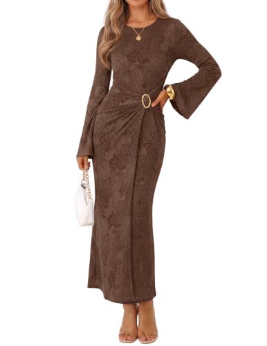 MEROKEETY Women's Fall Wedding Guest Formal Maxi Dress, Brown, M