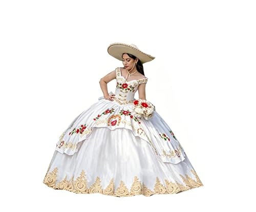 Elegant Off the Shoulder Ball Gown Aline Prom Queen Wedding Guest Party Cocktail Homecoming Dresses Puffy White and Gold Embroidery Red Flower Lace Applique Teen Junior Long Designer 2